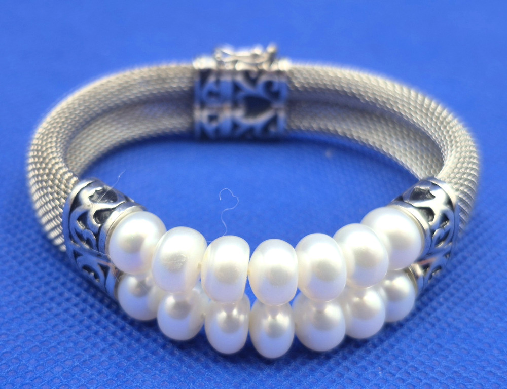 Sterling Silver Double Row Pearl Bracelet Mesh Cuff STUNNING